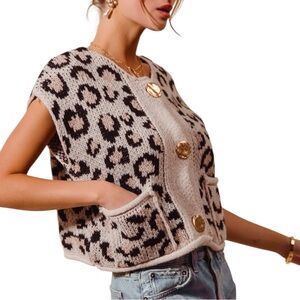SO ME Big Metal Button Front Leopard Sweater Vest Top